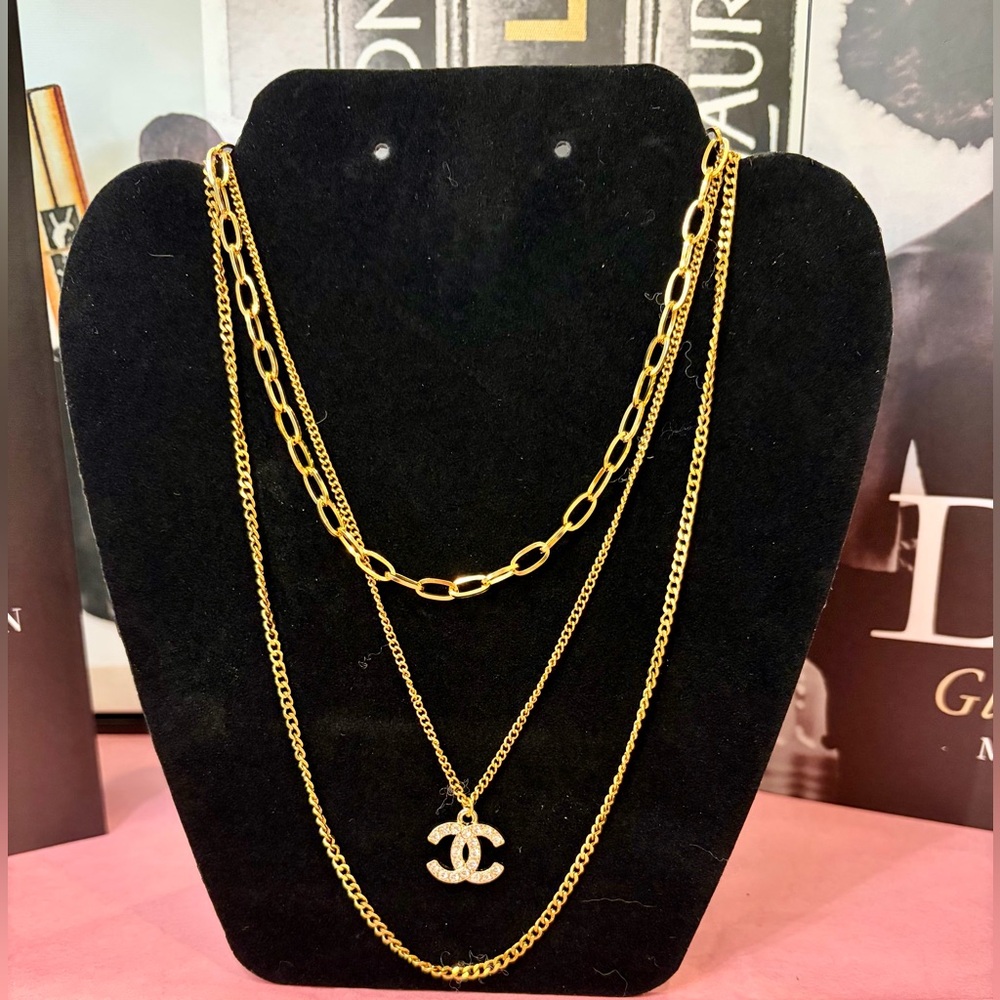 CHANEL Upcycled Gold-Tone Double C Stamped 3-Tier Necklace 20” Longest Length